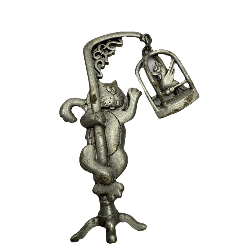 Vintage‎ JJ Pewter Cat And Articulated Bird Cage Brooch Pin Jonette Jewelry